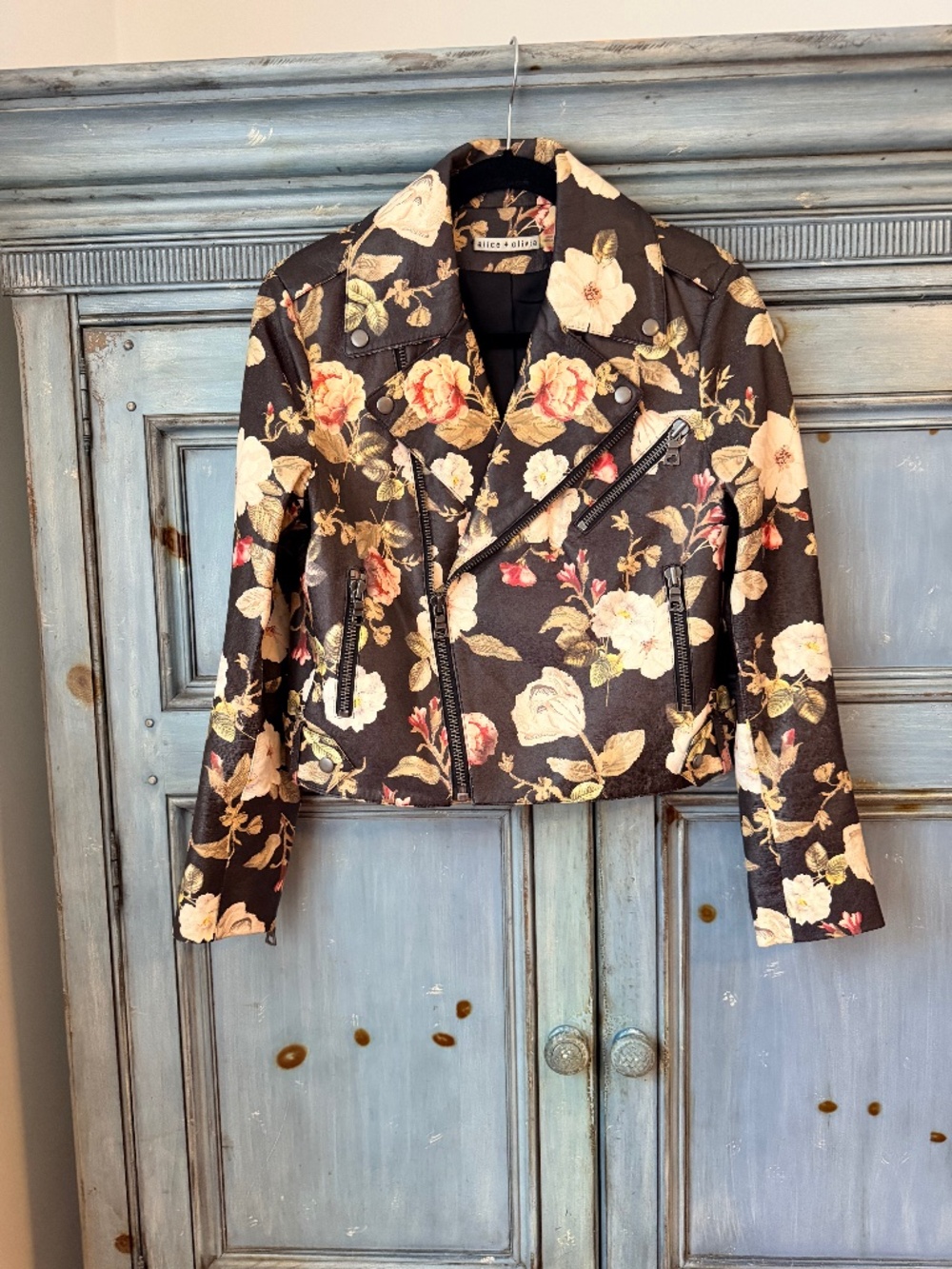 Alice+Olivia Cody Moto Leather Jacket in Floral Print Size M